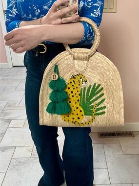 Handmade and hand painted Straw Tote with Yellow Leopard & Green Tassel Charm